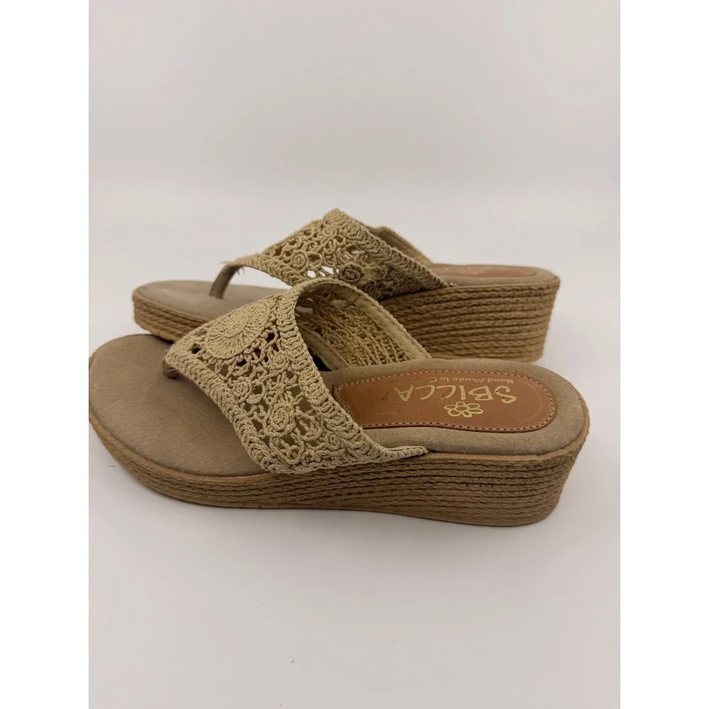 Sbicca Tan Crochet Platform Wedge Sandals Boho Thong Hand Made California Mens 7